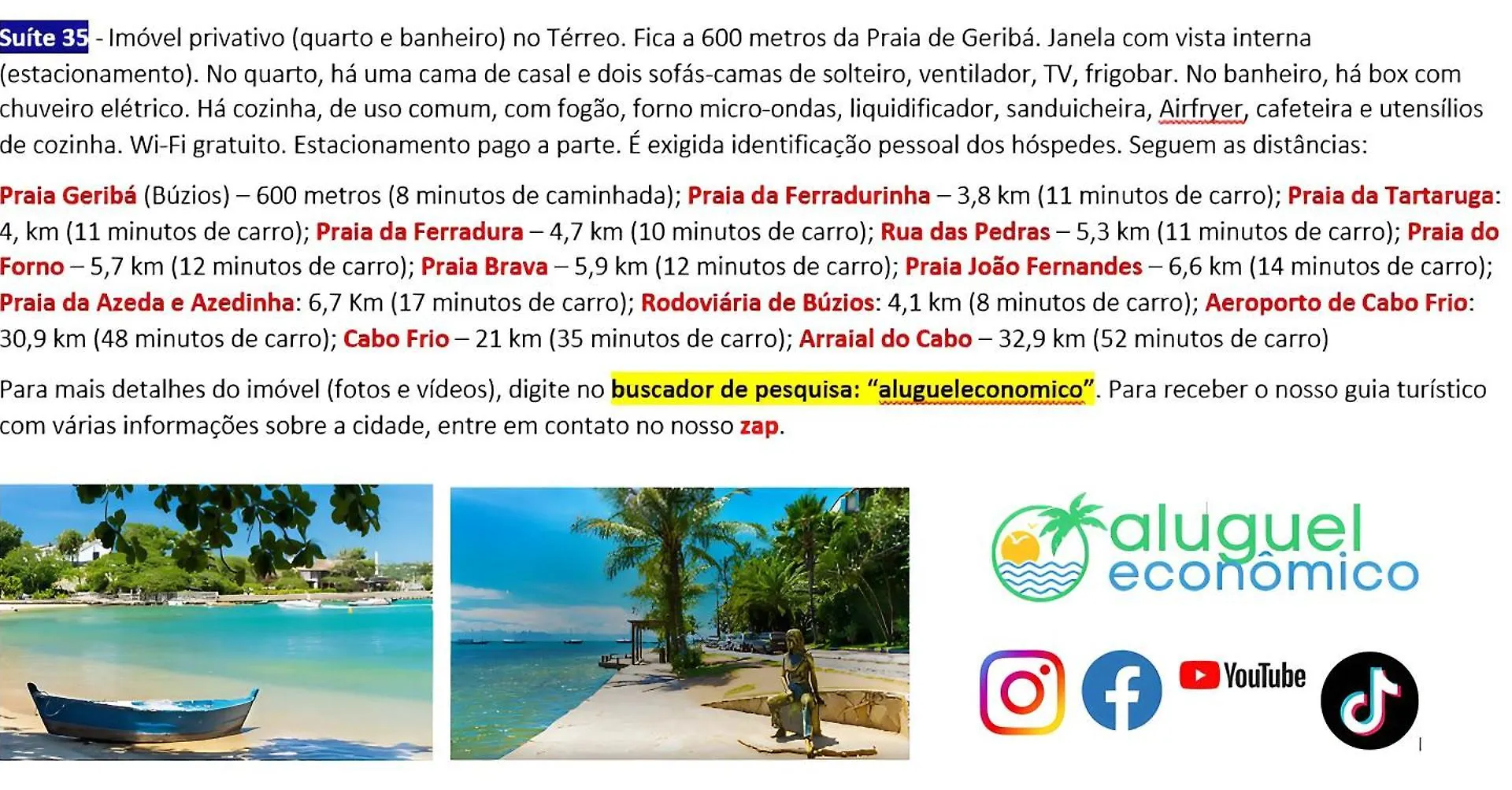 Búzios - Geribá - Aluguel Econômico Apartamento Brasil
